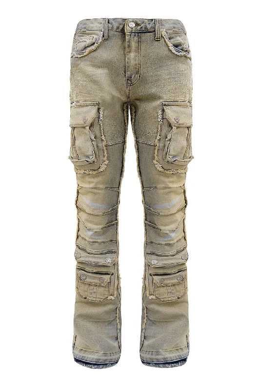 Men's Stone Washed Distressed Cargo Stacked Flared Jeans Laid Laid