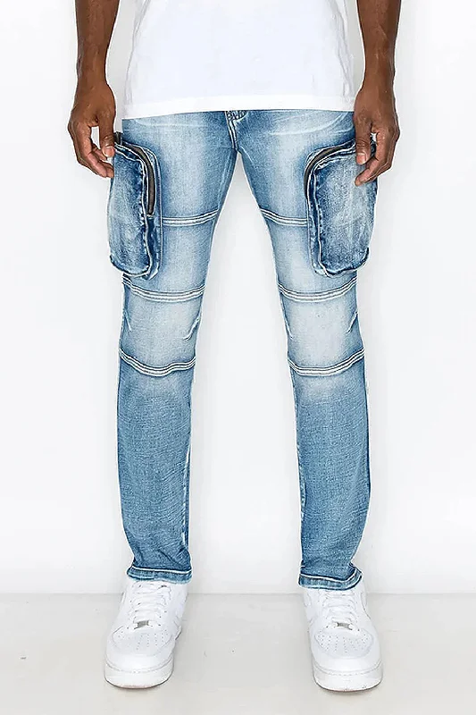 Washed Zippered Cargo Denim Jeans Minimalist Men's Casual  Minimalist Men's Casual 